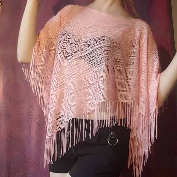 2/$25 Vintage Pink Crochet Lace Knit Fringe Poncho Top - Picture 7 of 11